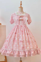 Rosa Alice Sweet Lolita Kleid mit kurzen Ärmeln und Melodie-Print, Rüschen und Schleife